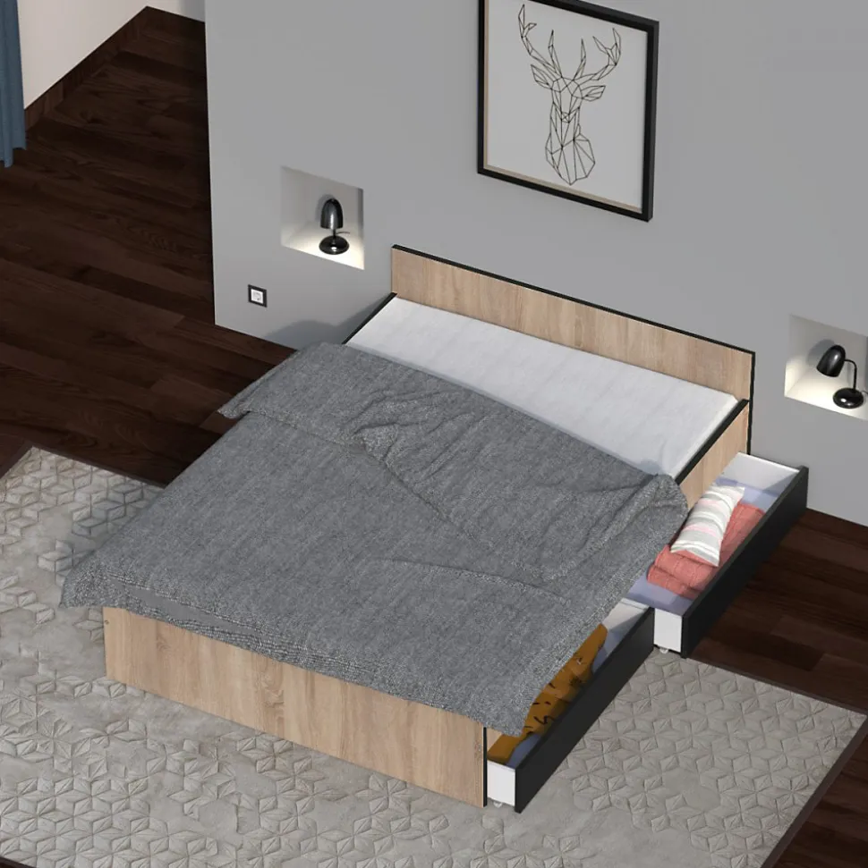 Lit KAPPA 140x190 cm + 2 tiroirs / Décor chêne Blanchi et Noir