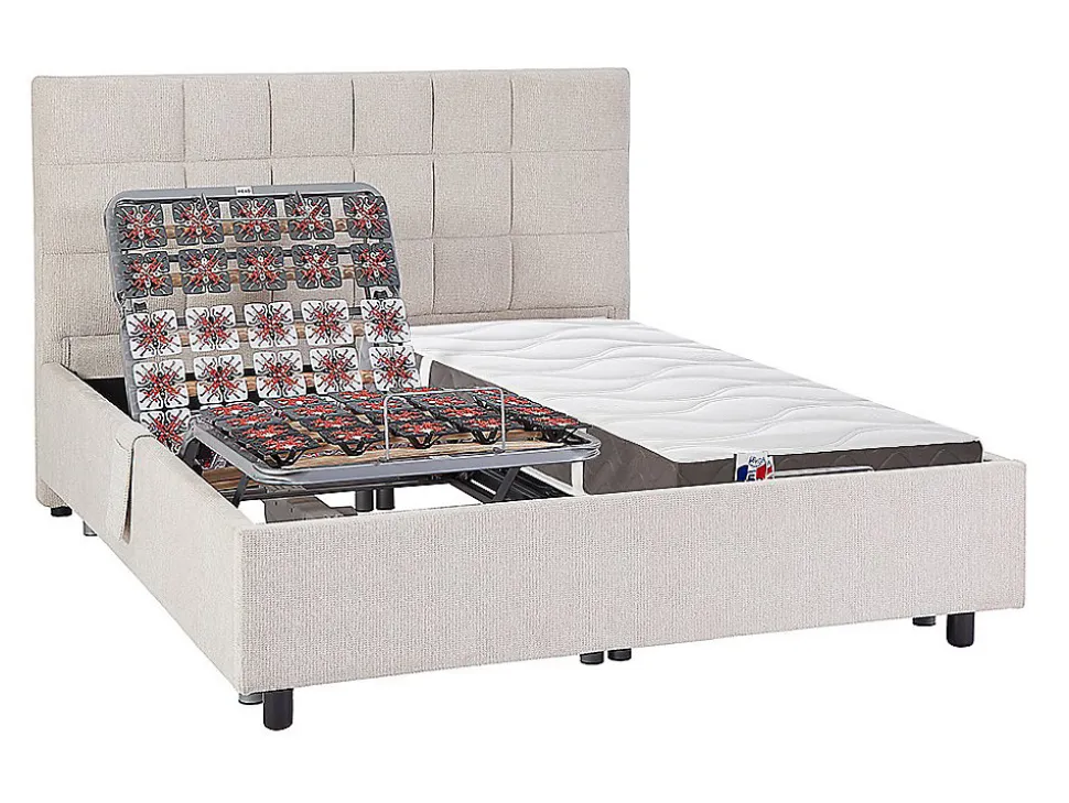 Lit électrique de relaxation déco tout plots + matelas 100% latex 3 zones - 2 x 70 x 190 cm - Tissu - Beige - JOFAR de YSMÉE