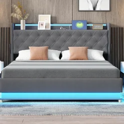 Lit LED 160 par 200 cm avec port USB et rangement hydraulique tissu lin gris doux et respirant idéal pour adultes