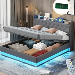 Lit LED 160 par 200 cm avec port USB et rangement hydraulique tissu lin gris doux et respirant idéal pour adultes