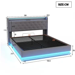 Lit LED 160 par 200 cm avec port USB et rangement hydraulique tissu lin gris doux et respirant idéal pour adultes
