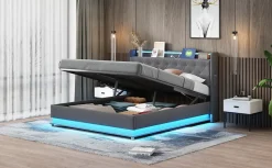 Lit LED 160 par 200 cm avec port USB et rangement hydraulique tissu lin gris doux et respirant idéal pour adultes