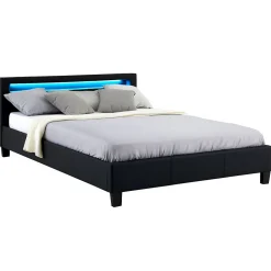 Lit LED double PINOT 140x190 cm, avec sommier, revêtement synthétique noir