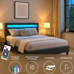 Lit LED double PINOT 140x190 cm, avec sommier, revêtement synthétique noir