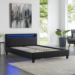 Lit LED double PINOT 140x190 cm, avec sommier, revêtement synthétique noir