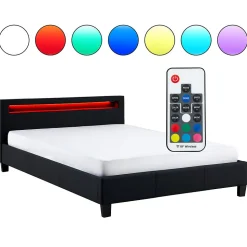 Lit LED double PINOT 140x190 cm, avec sommier, revêtement synthétique noir