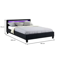 Lit LED double PINOT 140x190 cm, avec sommier, revêtement synthétique noir
