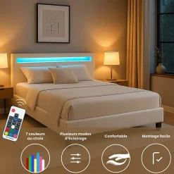 Lit LED double PINOT 140x190 cm, avec sommier, revêtement synthétique blanc