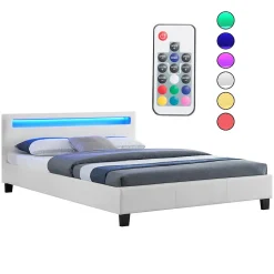 Lit LED double PINOT 140x190 cm, avec sommier, revêtement synthétique blanc