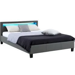 Lit LED double PINOT 140x190 cm, avec sommier, revêtement synthétique gris