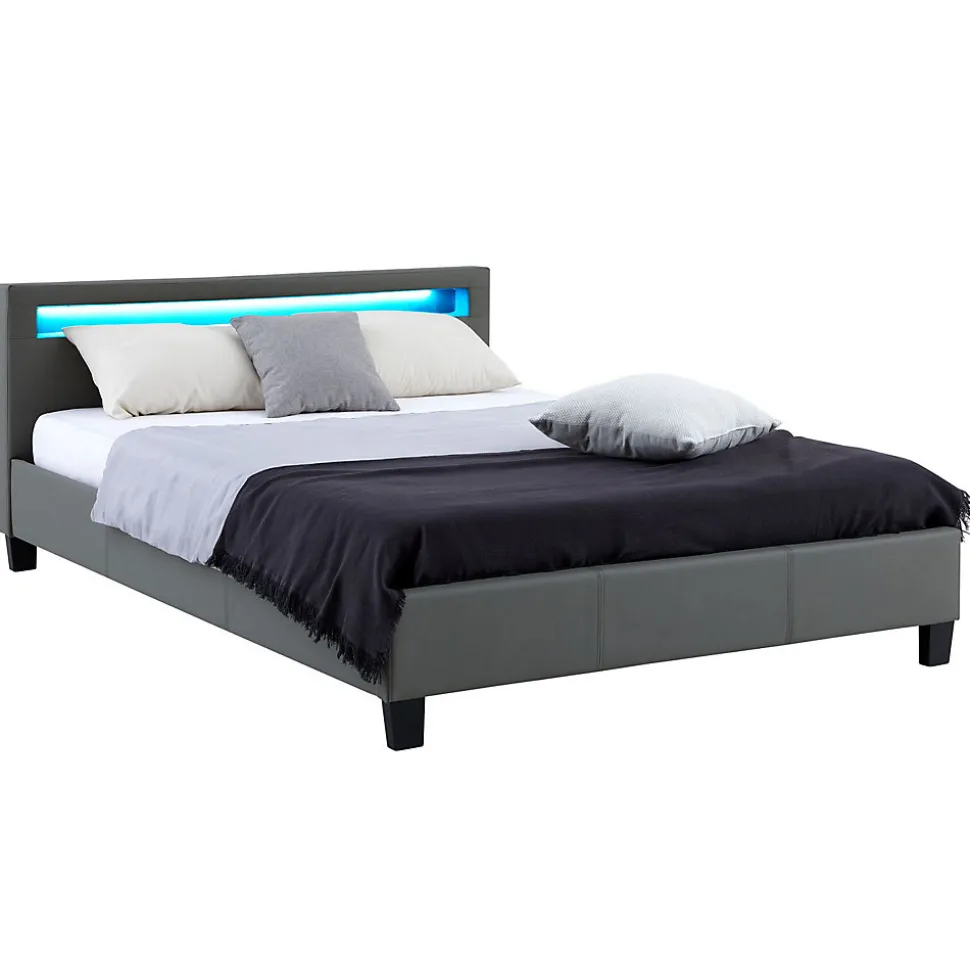 Lit LED double PINOT 140x190 cm, avec sommier, revêtement synthétique gris