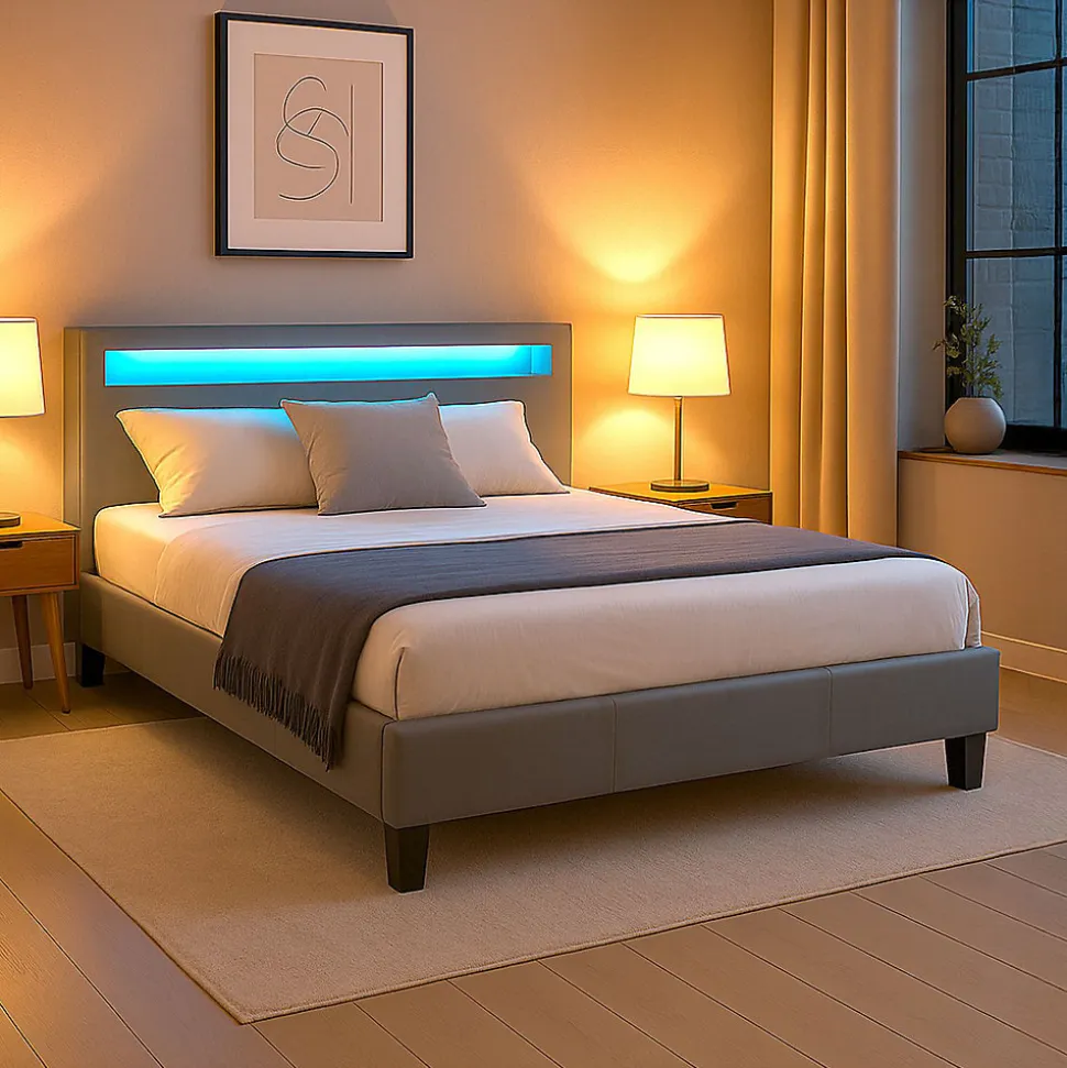 Lit LED double PINOT 140x190 cm, avec sommier, revêtement synthétique gris