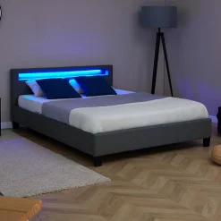 Lit LED double PINOT 140x190 cm, avec sommier, revêtement synthétique gris