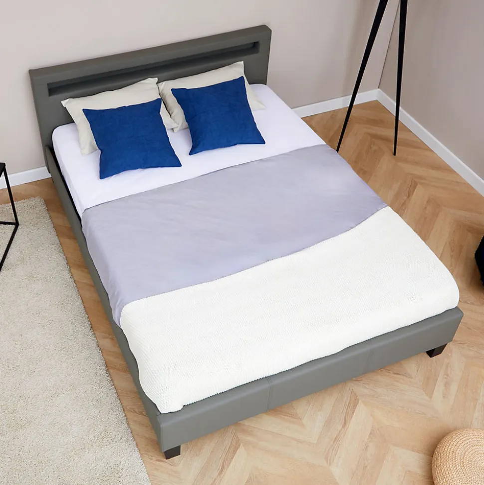 Lit LED double PINOT 140x190 cm, avec sommier, revêtement synthétique gris