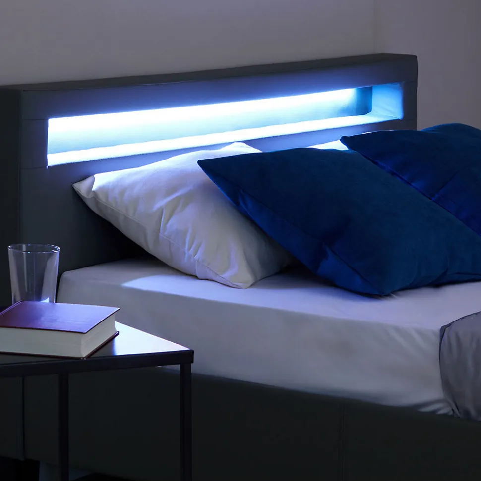 Lit LED double PINOT 140x190 cm, avec sommier, revêtement synthétique gris