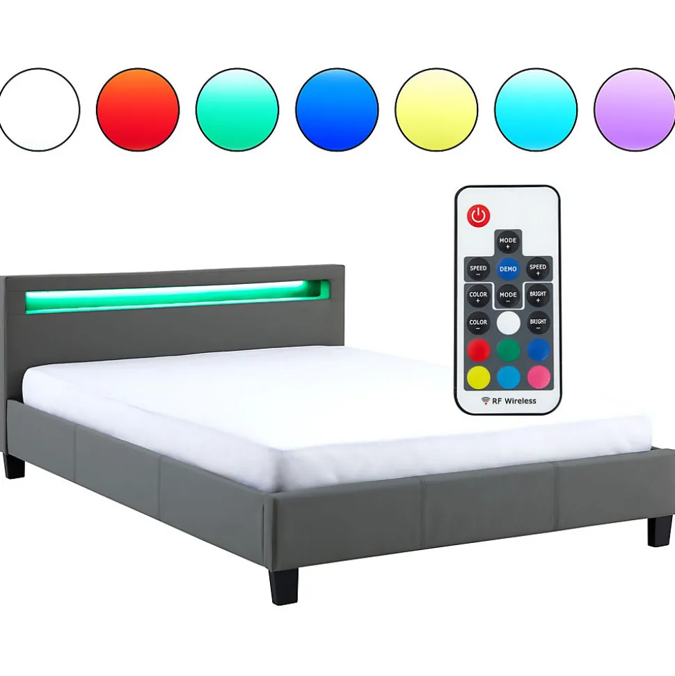Lit LED double PINOT 140x190 cm, avec sommier, revêtement synthétique gris