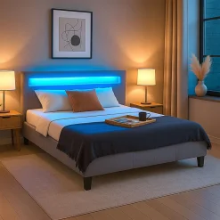 Lit LED double RIOJA 140x190 cm, avec sommier, revêtement tissu gris