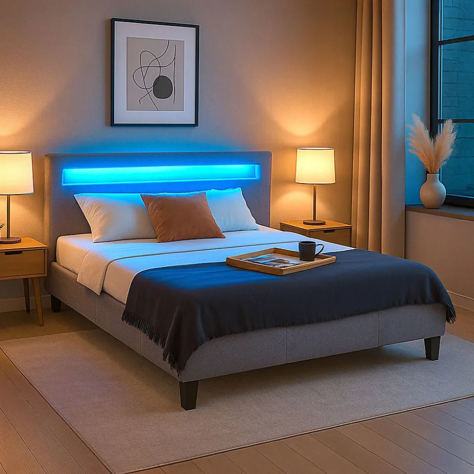 Lit LED double RIOJA 140x190 cm, avec sommier, revêtement tissu gris