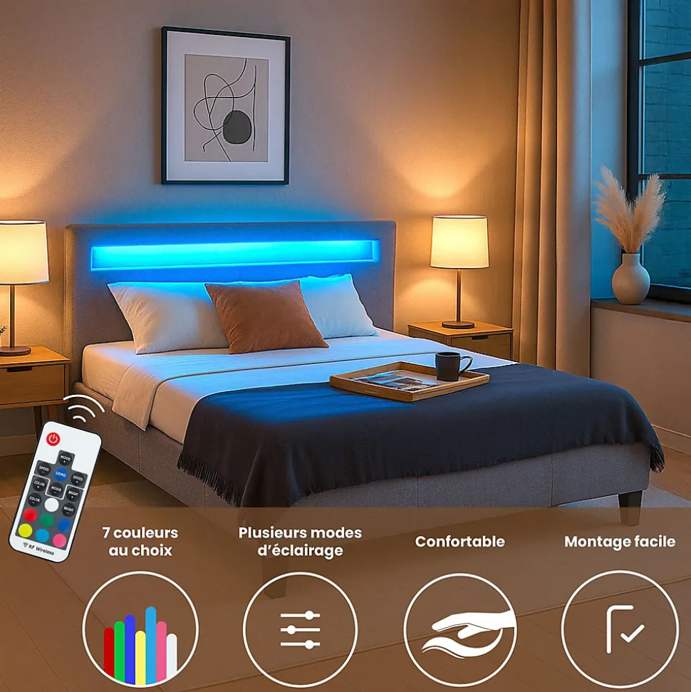 Lit LED double RIOJA 140x190 cm, avec sommier, revêtement tissu gris