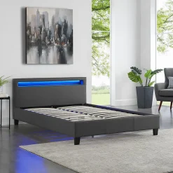 Lit LED double RIOJA 140x190 cm, avec sommier, revêtement tissu gris