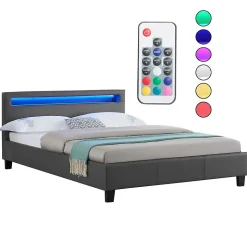 Lit LED double RIOJA 140x190 cm, avec sommier, revêtement tissu gris