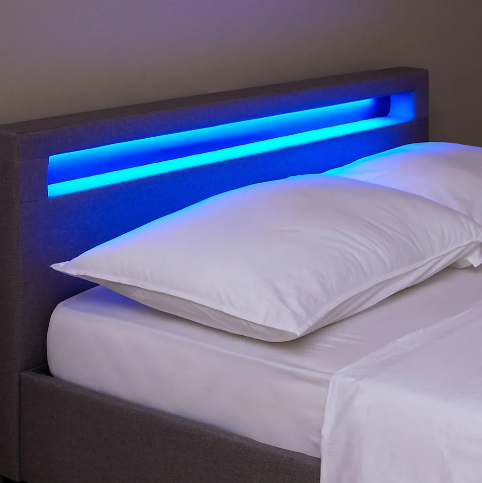 Lit LED double RIOJA 140x190 cm, avec sommier, revêtement tissu gris