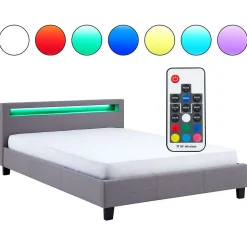 Lit LED double RIOJA 140x190 cm, avec sommier, revêtement tissu gris