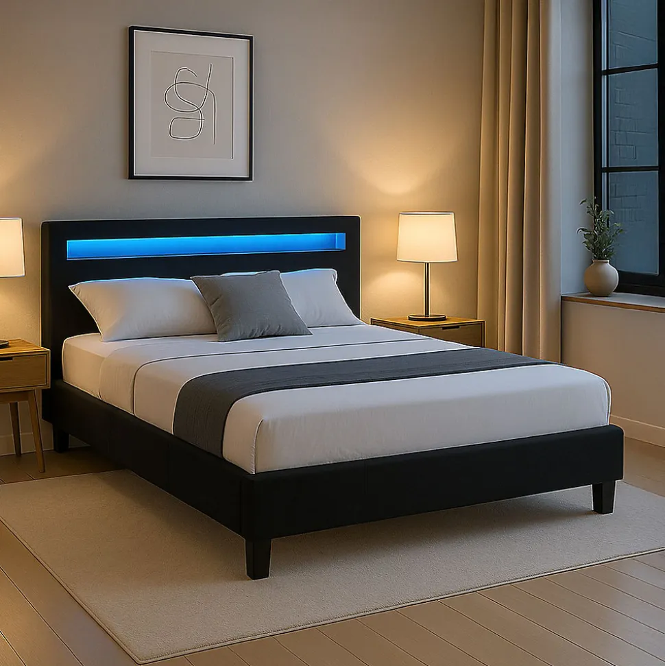 Lit LED double RIOJA 140x190 cm, avec sommier, revêtement tissu noir