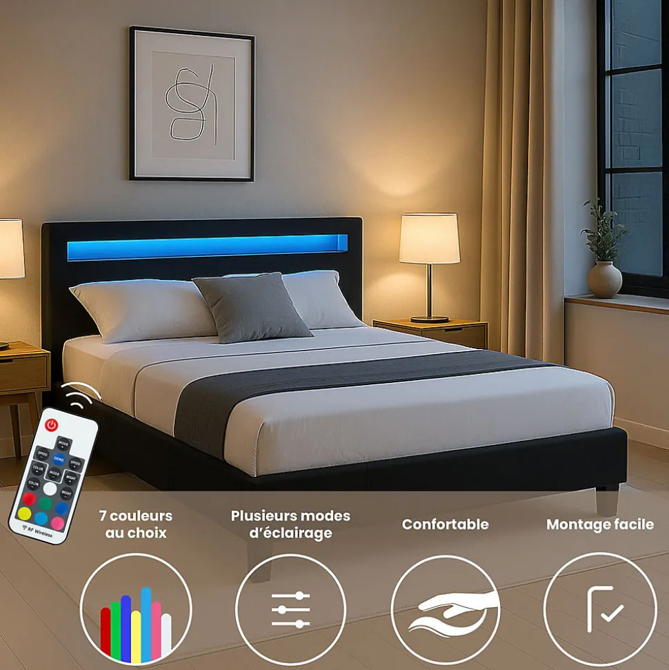 Lit LED double RIOJA 140x190 cm, avec sommier, revêtement tissu noir