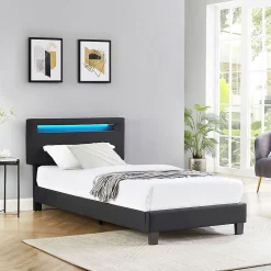 Lit LED simple AUSTIN 90x190 cm, avec sommier, revêtement en tissu noir