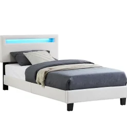 Lit LED simple AUSTIN 90x190 cm, avec sommier, revêtement en tissu blanc