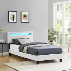 Lit LED simple AUSTIN 90x190 cm, avec sommier, revêtement en tissu blanc