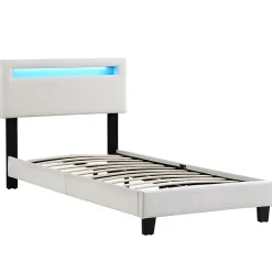 Lit LED simple AUSTIN 90x190 cm, avec sommier, revêtement en tissu blanc