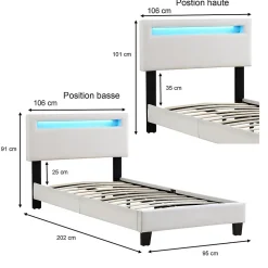 Lit LED simple AUSTIN 90x190 cm, avec sommier, revêtement en tissu blanc