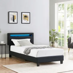 Lit LED simple EVAN 90x190 cm, avec sommier, revêtement en synthétique noir