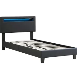 Lit LED simple EVAN 90x190 cm, avec sommier, revêtement en synthétique noir