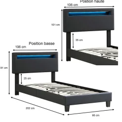 Lit LED simple EVAN 90x190 cm, avec sommier, revêtement en synthétique noir