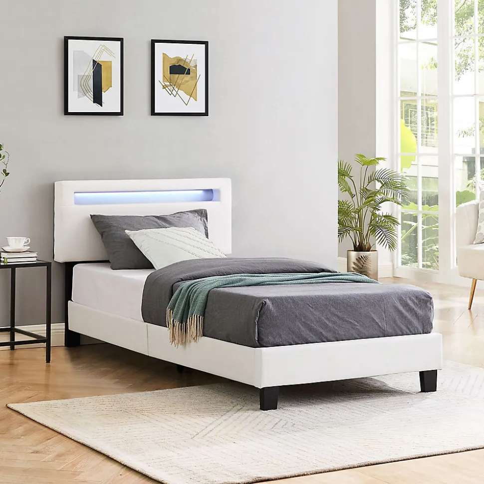 Lit LED simple EVAN 90x190 cm, avec sommier, revêtement en synthétique blanc