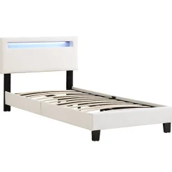 Lit LED simple EVAN 90x190 cm, avec sommier, revêtement en synthétique blanc