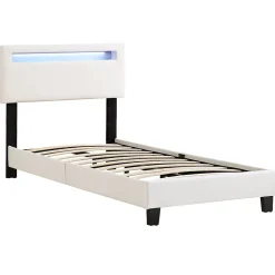 Lit LED simple EVAN 90x190 cm, avec sommier, revêtement en synthétique blanc