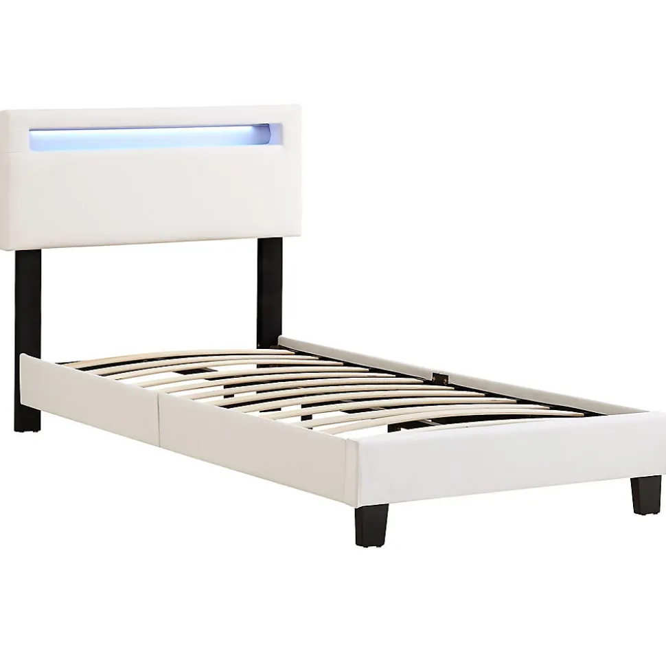 Lit LED simple EVAN 90x190 cm, avec sommier, revêtement en synthétique blanc