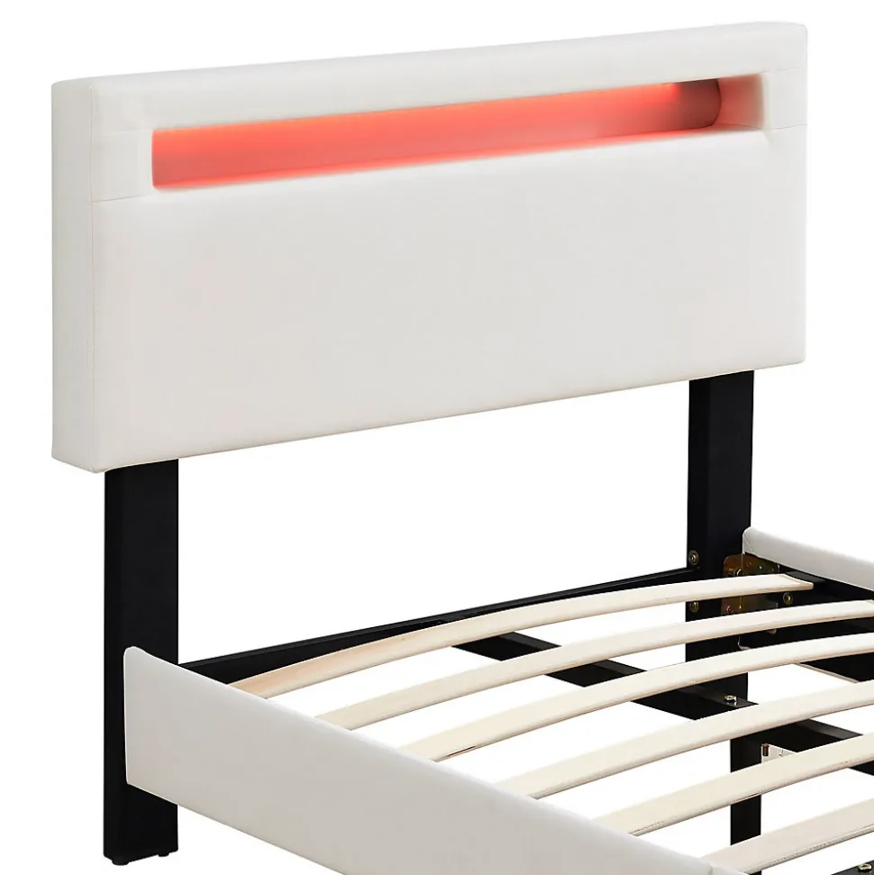 Lit LED simple EVAN 90x190 cm, avec sommier, revêtement en synthétique blanc