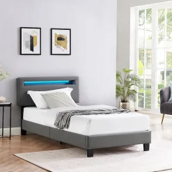 Lit LED simple EVAN 90x190 cm, avec sommier, revêtement en synthétique gris