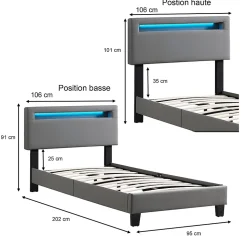 Lit LED simple EVAN 90x190 cm, avec sommier, revêtement en synthétique gris
