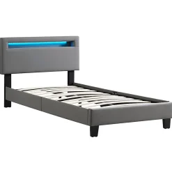 Lit LED simple EVAN 90x190 cm, avec sommier, revêtement en synthétique gris
