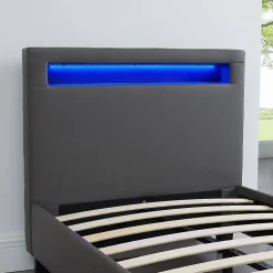 Lit LED simple LUCENO 90x190 cm, avec sommier, revêtement synthétique gris