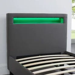 Lit LED simple LUCENO 90x190 cm, avec sommier, revêtement synthétique gris