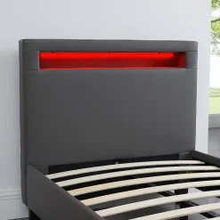 Lit LED simple LUCENO 90x190 cm, avec sommier, revêtement synthétique gris