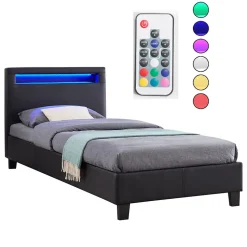 Lit LED simple LUCENO 90x190 cm, avec sommier, revêtement synthétique noir