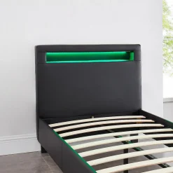 Lit LED simple LUCENO 90x190 cm, avec sommier, revêtement synthétique noir